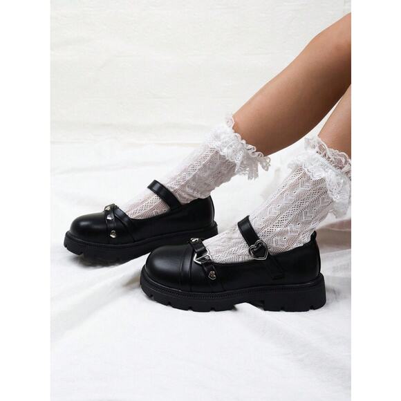 SHEIN Black Heart Buckle Platform Maryjane Mary Jane Loafers Youth Size 12.5 30 - Picture 1 of 8